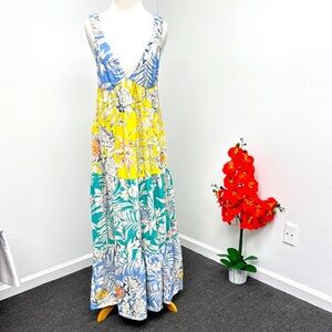 Anthropologie Maeve Blue and Yellow Tiered Maxi Sundress